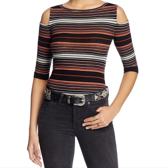 Free People Striped Off-Shoulder Top - Black, White, Orange - Picture 3 of 7